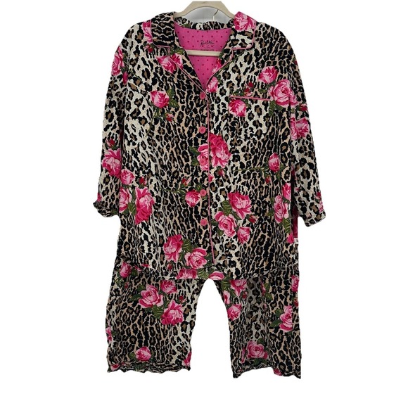2-Pc NICK & NORA Leopard Print Roses 3/4 Ruffle Sleeves Capri Pajamas Sz XXL - Picture 1 of 12